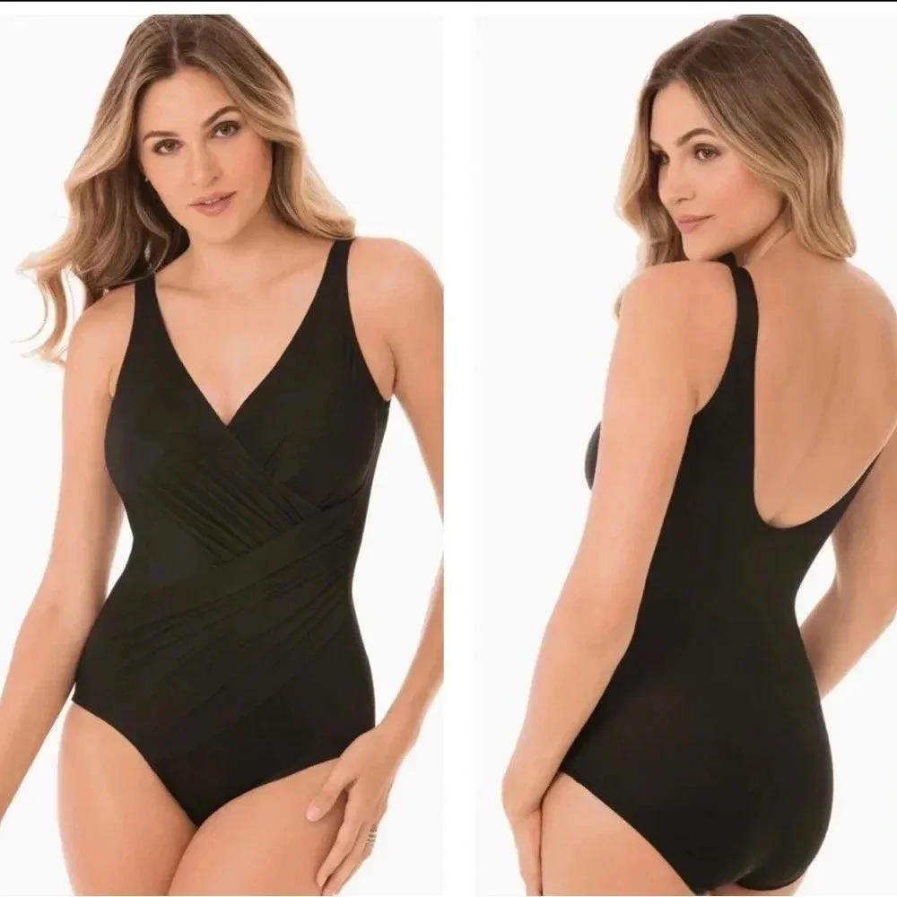 Miracle Suit Must Haves Oceanus One Piece Swimsuit Wrap V-Neck Black Size 14DD - Picture 1 of 6